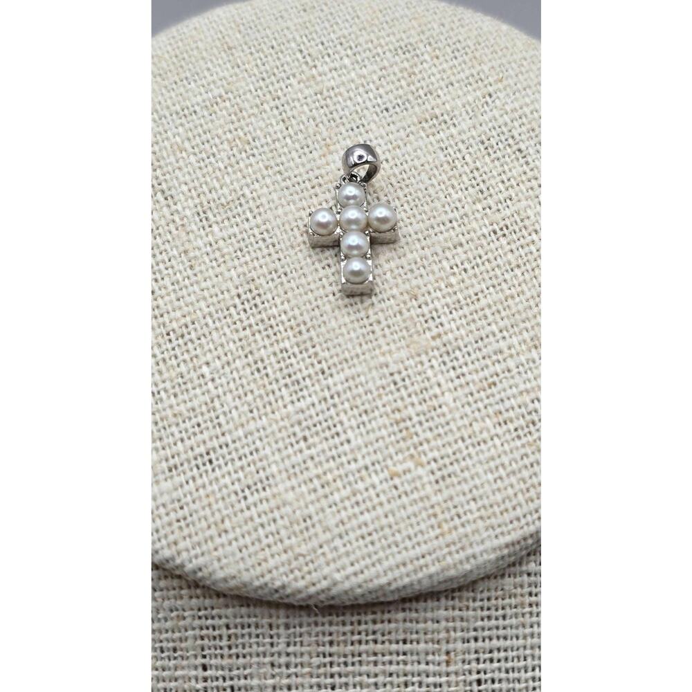 Vintage Sterling Silver Pearl Cross Pendant – 925 Silver Religious Charm.